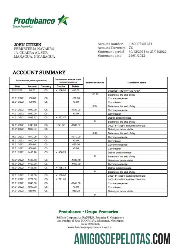 O extrato bancário do Banco De La Produccion da Nicarágua mostra